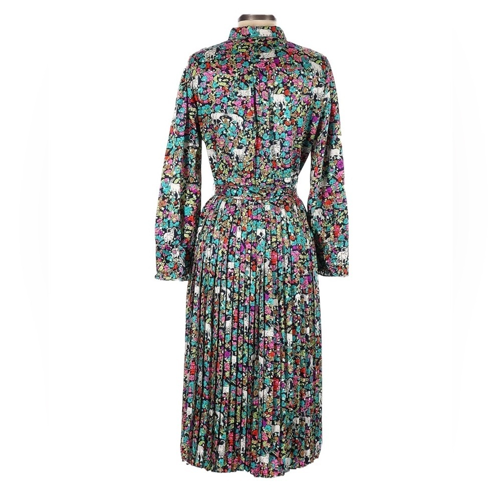 Grazing Goat Pleated Floral Midi Dress Collar Long Sleeve Animal Artsy Novelty 2 - Picture 4 of 9